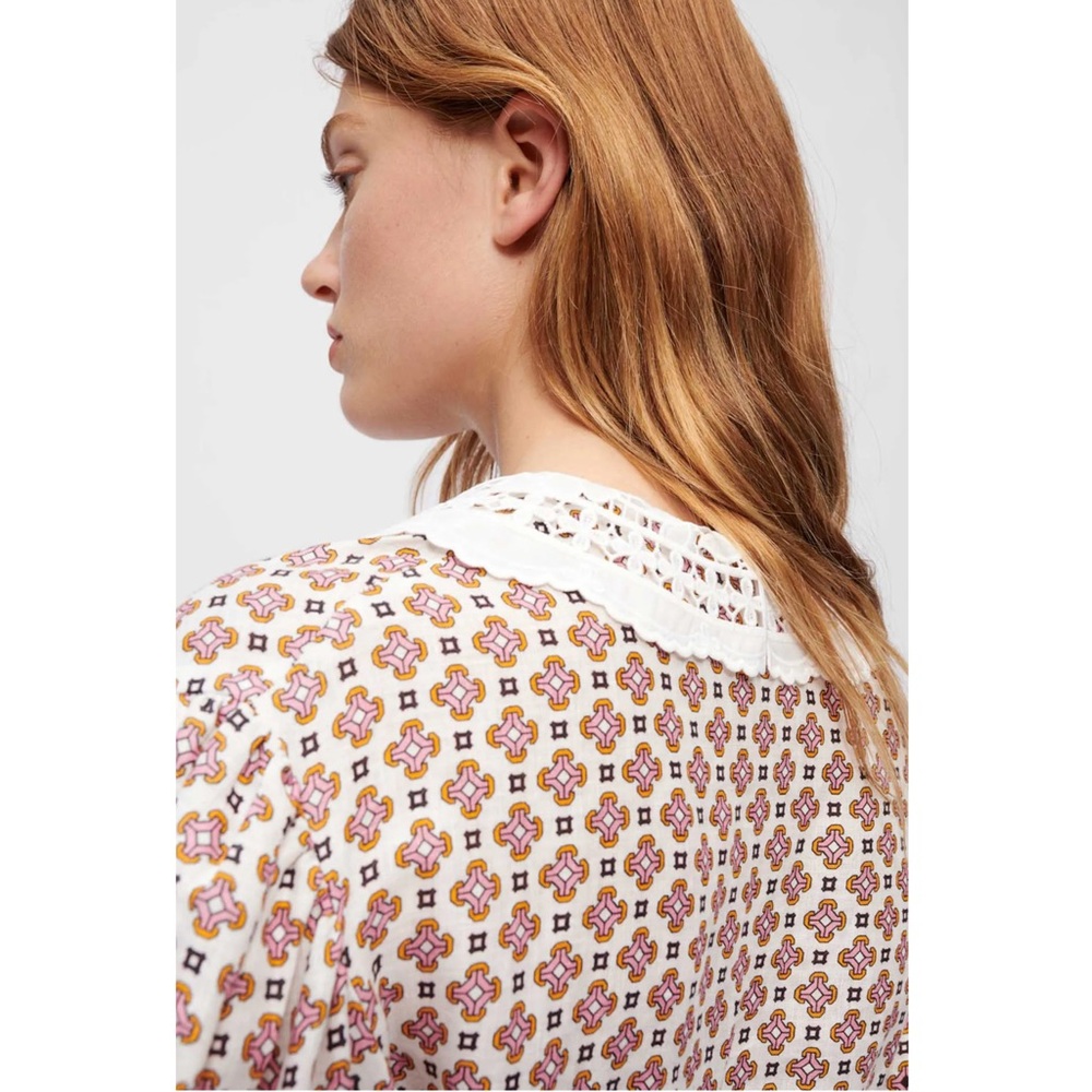 MAJE Lace Collar Tile Print Linen Puff Sleeve Cottagecore 70s Babydoll Dress‎ 6 - Picture 15 of 16